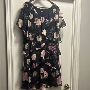 SLNY Navy Dress with Pink and Cream Floral Pattern